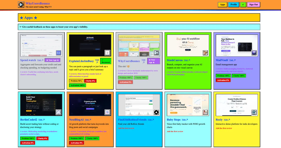 Landing page screenshot of WhyUsersBounce
