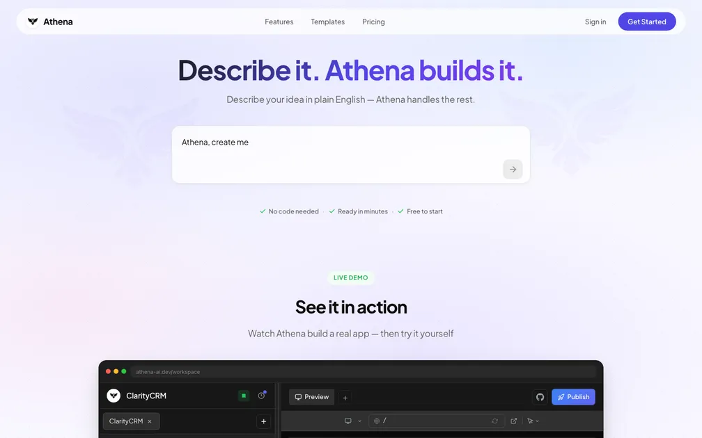 Landing page screenshot of Athena
