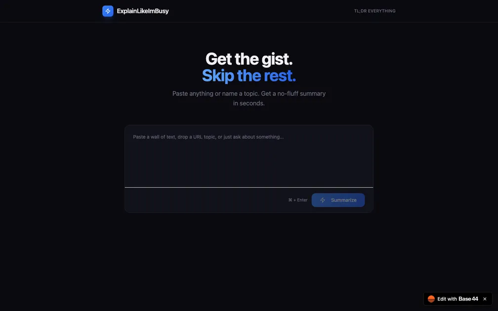 Landing page screenshot of ExplainLikeImBusy